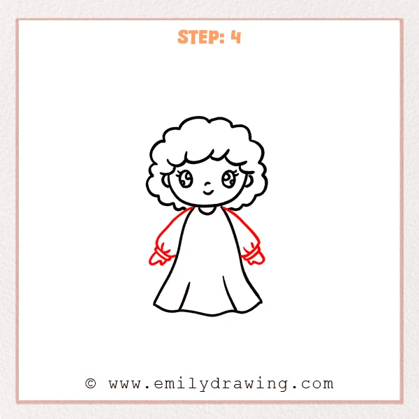 how to draw a cartoon angel - Cartoon angel with curly hair and a long robe, now showing puffy sleeves with cuff bands and small simple hands on both sides.